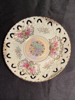 Antique Porcelain Plate with Pink Floral and Gold Trim Lusterware from Japan